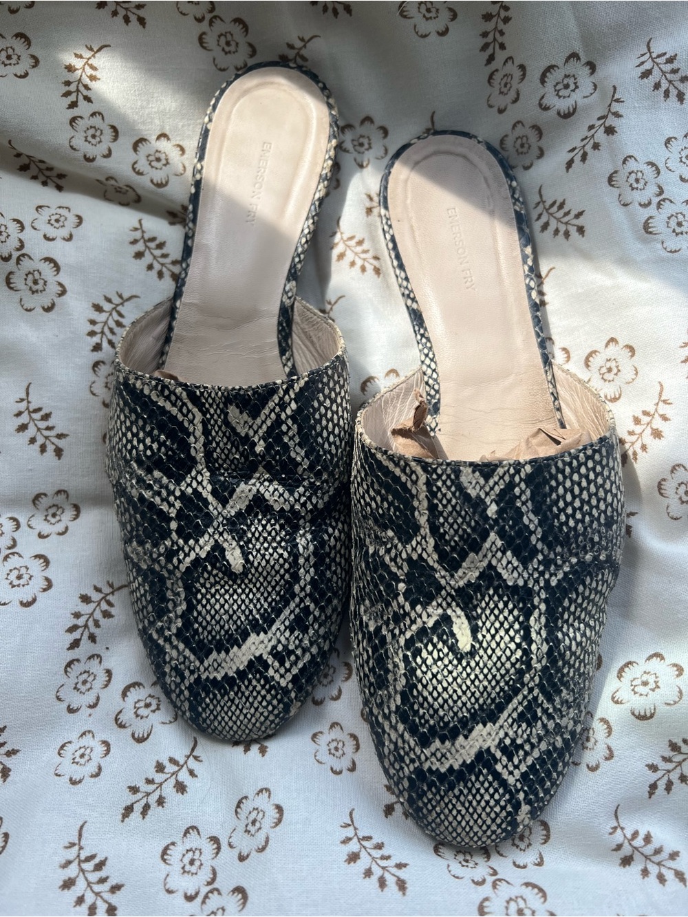 Emerson Fry Black and Cream Snake-Print Slip-On Mules